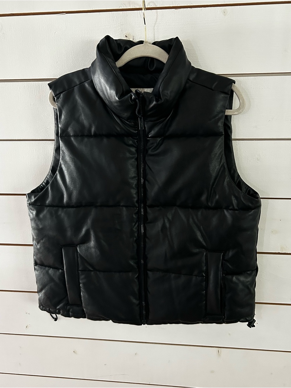 Hollister Black Faux Leather Puffer Full Zip Vest Womenβs Size Large